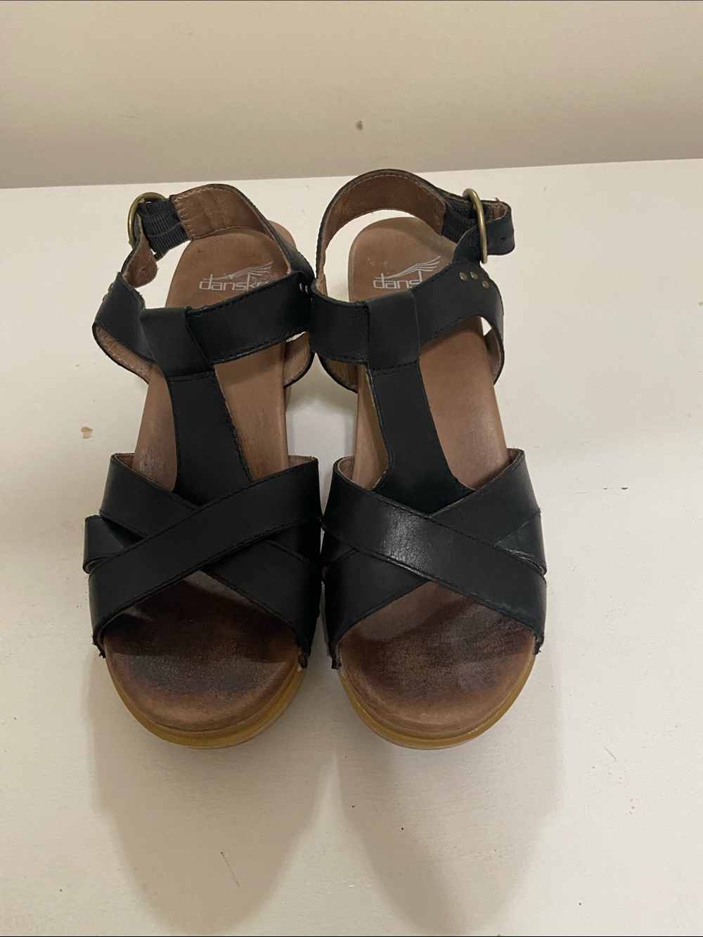 Dansko Black Leather Crisscross Wedge Sandals with Ankle Strap